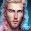 Placeholder: portrait bel homme, visage , prince , grands yeux bleus, cheveux long blond lord fantasy, bleu et rose