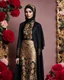 Placeholder: Luxury potrait of a beautiful super model hijab beauty makeup cosmetic,she wearing islamic a luxurious details pattern color gold and black casual jacket with designed large flower details that resemble roses.The dress has an asymmetrical design with one sleeve and a flowing skirt.background of the image shows a red carpet event with floral decorations,close-up portrait