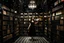 Placeholder: full-height shot of a woman in a tifull-height shot of a woman in a tight black dress, inside a large magic book shop, shelving, lights, books, bottles, windowsght black dress, holding up small glowing symbols, inside a magic book shop