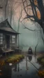 Placeholder: A swamp surrounded by bamboos long trees in cloudy, depressing, foggy, with a dim of light in the distance , there.is an abandoned cottage of an old house covered with leaves. A strange scary creature sitting on a rocking chair in front of the cottage
