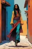 Placeholder: create an imaginative full body illustration of a Tuareg female, in traditional dress, with finely detailed facial features, short dreadlock hair, in the backstreets of Marrakech, in the comic book art style of Bill Sienkiewicz, Mike Mignola, and Jean Giraud Moebius, finely textured, drawn, colored, and inked