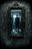 Placeholder: the camera see a man and mirror, the man see yourself or others in mirror, surreal mood, cracked glass, metal, cold and dark colors, nightmare, other side, monster, shadows, sinister, dark dream, high detailed, sharp focus, masterpiece