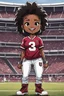 Placeholder: A sassy thick-lined comic book art cartoon image of a black chibi girl standing in front of a football stadium. She is wearing a University of South Carolina football jersey with tight white jeans and timberland boots. behind her curvy body. Looking up coyly, she grins widely, showing sharp teeth. Her poofy hair forms a mane framing her confident, regal expression. Prominent maekup with hazel eyes. Hair is highly detailed.