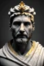 Placeholder: Ultra Realistic image, Roman sculpture, white marble material, Lionel Messi, gold laurel leaves crown, god crown, gold veins, gold ornaments, Renaissance style, sun rays background, waist up portrait, epic, celestial, cinematic lighting, God lights, 4k resolution, smooth details, soft lighting, unreal engine 5, art station, substance 3d.