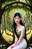 Placeholder: Art Nouveau art style A beautiful as a model asian woodland elf princess who looks like a young Lucy Liu seated on a throne in a mystical forest, photo-realistic