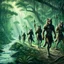 Placeholder: wolf body hair straight walking eight anthropomorphic wolf man hybrid human two with spears in their paws go one after another by pathway in jungle, in the further away a river flows in jungle near the trees, rain, very thick-trunk trees and jungle vegetation, near to them flows a fast river, dark colors, high realistic, 3d, digital art, detailed, cinematic, sci-fi, fantasy mood