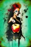Placeholder: A surreal grunge messy and scratched painting style, eve is holding a rotten apple - not amused, Adam in background,ironic, surreal, abstract and striking