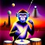 Placeholder: A monkey playing the drums, london skyline at night, in the style of Salvador Dali