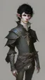 Placeholder: boy elf,he has curly, black hair and sharp cheekbones. His eyes are black. He wears fantasy medieval clothes. he is lean and tall, with pale skin, full body with boots, side view full body