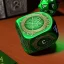 Placeholder: 6 sided dice with runes on table with green cloth, hand, fantasy book art