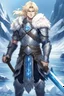 Placeholder: 1 anime man. warrior, with blue eyes and blonde hair man in silver Viking armor with fur around the neck with blue crystal on his chest, standing in water in the artic, holding a ice axe, warrior in, anime style