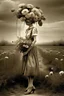 Placeholder: young woman, blouse and skirt, thin black bow under the neck of the blouse, huge bouquet of flowers on her head, full body, in a 16K wasteland, toned in sepia, estilo Bansky, profile view, the flowers cover his head