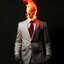 Placeholder: a scary man with fire in the palm of his hand wearing a white suit with a red tie who has no face