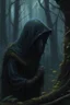 Placeholder: A hooded creature in the forest Mental disorders, dark material, surrealist, elementals, intricate background, masterpiece, octane rendered, artstation