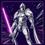 Placeholder: 90's retro fantasy art of a heroic space knight with laser sword