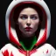 Placeholder: Pretty italian woman, rounded face, red, green, white, hoodie, feathers, retro, latex, leather, soft color, highly detailed, art stations, concept art, smooth, unreal engine 5, god rays, ray tracing, RTX, lumen lighting, ultra detail, volumetric lighting, 3d, finely drawn, high definition, high resolution, neon background.