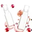 Placeholder: two bottles for cosmetics, behind a beautiful floral spring floral background, top view picture, in the background there are beautiful soap bubbles and molecules, high-quality picture, top view