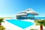 Placeholder: Magnificent 3D representation of a luxurious, modern, completely transparent scale-shaped hotel on a pristine beach. It features elegant and contemporary design elements, such as swimming pools, balconies and floor-to-ceiling windows. The elegant and sophisticated entrance is adorned with palm trees and a futuristic terrace. Bright colors. Constructed with transparent glass