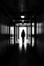 Placeholder: A girl walks down a dimly lit hospital corridor. The lights are not on everywhere. We see the girl's silhouette instead. Black in white.