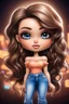 Placeholder: create an airbrush illustration of a chibi cartoon curvy white female wearing Tight blue jeans and a peach off the shoulder blouse. Prominent make up with long lashes and hazel eyes. She is wearing brown feather earrings. Highly detailed long black shiny wavy hair that's flowing to the side. Background of a night club.