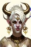 Placeholder: A young tiefling woman with a set of ram horns on her head encrusted with jewels, White-Blonde, short hair, black eyes, dressed in white and gold with lots of jewelry, beautiful, satanic tattoos on her neck, she is happy