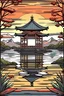 Placeholder: Japanese shrine in lake in 1 point perspective with sunrise