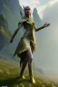 Placeholder: elven young woman, wearing light dress, visible ultradetailed cute femine face, visible and armonious legs feet and hands, luminous weather, field in the mountains, highly detailed, photorealistic, octane render, 8 k, unreal engine, art by artgerm and greg rutkowski and charlie bowater and magali villeneuve and alphonse mucha