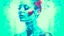 Placeholder: old retro photograph, light vignette, faded, worn and cracked, double exposure, surrealism, female humanoid from another world, red lips, half body, greenish blue pale transparent glowing skin, bald head, plants growing out of head, tattoo on head, alien transparent eyes, double exposure, hyperdetail, double exposure, Anna Razumovskaya, Anna Dittmann, Luis Royo, Neo-impressionism, expressionism, oil painting. Bold, detailed and textured brushstrokes reminiscent of Royo and Peter Coulson. Deep co