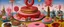 Placeholder: A rosy pink mystical carnival made out of cakes, cookies, and donuts painted by Max Ernst