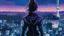 Placeholder: Clear Focus, High resolution, Beautiful girl standing backwards to a Cyberpunk skyline, comic style