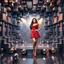 Placeholder: make a picture pretty stage made of metallic blue-gray teme 3d fractal recursive cubic and sphere base structures and a beautiful fashion model lady posing with cute,with dark red decholte top and pretty pleated mini skirt ,makeup curvy long hair,dynamic camera zoom to full body and pan, dynamic lights.