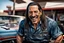 Placeholder: Fotorealistisch Danny Trejo breit grinsend mit offenem Haar in ölverschmiertem Mechaniker Overall fährt Muscle Car