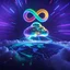 Placeholder: Colourful 3D glowing infinity symbol ∞, hovering above a colourful glowing cloud, network and lights coming from the cloud onto a futuristic map of the globe, inspiring, neon, glowing, friendly, beautiful, octane render, 8k post-production, artstation: award-winning: atmospheric: commanding: fantastical: clarity: 16k: ultra quality: striking: brilliance: liquid medium: stunning colors: amazing depth; lens: f/8, 28mm