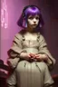 Placeholder: Little girl with violet hair in Cyberpunk wunderkammer painted by Rembrandt with unsane details, soft colors, lot of space around the girl with a lot of strange objects