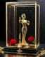 Placeholder: Luxury design of miniature singer music in a luxury glass box display case, singer music, microphone,made of gold metal plate, metal craft with luminous diamond glitter, on the outside surface of luxury jewelry decoration very small diamond stones, very small abstract queen logo, 3D logo shape, musical notes, red diamond stones, black decoration, leaves and roses combined, emitting light, gold background