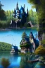 Placeholder: medieval gothic house built into a rock, lake, trees, arches, balconies, bridges, verandas, foliage, sunny blue sky