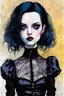 Placeholder: Create and fine print portrait illustration of a Goth Girl ball jointed porcelain doll, with finely lined and detailed facial features in a ragged gothic dress, fishnet stockings ,battered combat boots, , in the graphic novel style of Bill Sienkiewicz, and Jean Giraud Moebius, precisely drawn, colored and inked