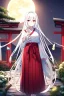 Placeholder: girl, masterpiece, best quality, cinematic lighting, detailed outfit, vibrant colors, perfect eyes, white hair, very long hair, braided ponytail, red eyes, hakama, shrine, moon, starry sky, plants, stone walkway, lamppost, butterflies,