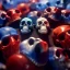 Placeholder: a picture of a dark, comedic, anatomically correct wall of red white and blue tightly packed stacked cyborg skulls of varying sizes and expressions, photo realistic, insanely meticulous, highly detailed, part of a collection of bones on display, 64k, dystopian, vray