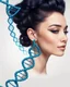 Placeholder: a woman smiling face, close eyes, pastel peach colors, DNA molecule hair thread imitation