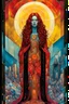 Placeholder: Create chaotic abstract cubist Tarot Card depicting a full body post apocalyptic, Gothpunk Saint Mary Magdalene , with highly detailed facial features, in the style of Bill Sienkiewicz, Philippe Druillet, Gustav Klimt, and Jean Giraud Moebius, precisely drawn, colored and inked