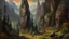 Placeholder: A secluded mountain alcove, rocky cliffs, dimly lit, burt pine trees, scorched earth, many craggs, realistic, medieval, painterly,