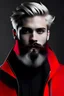 Placeholder: age 27, change background, norwegian, red and black jacket, silver hair color, medium beard
