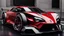 Placeholder: super futuristic sport car, electric, red and black paint, white strypes, big wheels, tuned style, shinning paint, front 3/4 view angle, spoiler, turbo, volks waguen influence, greath details on paint black background on street.