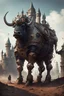 Placeholder: a large animal that is standing in the dirt, by Artur Tarnowski, fantasy art, very far royal steampunk castle, buffalo, style hybrid mix of beeple,