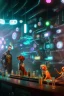 Placeholder: android dog and robots in a cyberpunk bar, digital art style. fantasy, volumetric lighting, particales, wide shot, cinamatic, Zack Snyder stlye