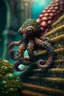 Placeholder: portrait of hairy octopus climbing a stone ladder, in the style of fantasy movies, photo-realistic, shot on Hasselblad h6d-400c, zeiss prime lens, bokeh like f/0.8, tilt-shift lens 8k, high detail, smooth render, down-light, unreal engine 5, cinema 4d, HDR, dust effect, vivid colors, smoke, dust, fireflies