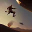 Placeholder: a soldier jumping off of an airship, during a war in a desert