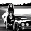 Placeholder: woman sitting on muscle car, sunset, black and white