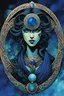 Placeholder: the symbol of an ancient Celtic female vampire coven , in the form of highly detailed triskele worked in lapis lazuli, aquamarine, and jade, with the all seeing eye at its center lapel pin, in the graphic novel style of Bill Sienkiewicz, Jean Giraud Moebius, and Enki Bilal